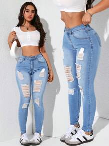 SHEIN EZwear Women's Pocketed Distressed Skinny Casual Versatile Jeans