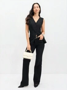 EMERY ROSE Women's Black Base Striped Print Fitted Vest Jacket, Casual Daily Wear, Spring/Summer - Multicolor - View 6