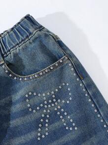Jeans dritti rilassati per ragazze adolescenti, stile vintage, bohémien, Y2K, urban street, con dettagli dello stub, vita elasticizzata e chiusura a bottone, tasche piatte e dettagli a baffi di gatto - Blu lavato scuro - Visualizzare 6