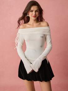 Enchnt Women's Solid Color Off Shoulder Long Sleeve Top, Minimalist Casual Everyday Wear