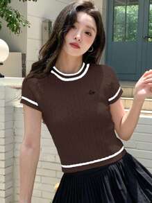 DAZY 女士拼色圆领短袖休闲上衣，简约设计，适合日常穿着，秋季服装