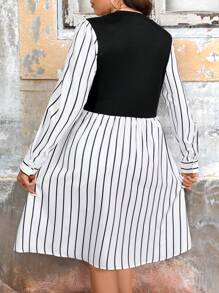 SHEIN LUNE Plus Size Women Patchwork Striped Casual Midi Dress - Multicolor - View 2