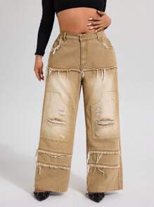 SHEIN EZwear Plus Size Women's Casual Khaki Washed & Stone-Washed Distressed Hem Denim Jeans - Khaki - View 4