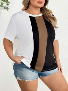 SHEIN CURVE+ Plus Size Women's Color Block Round Neck Short Sleeve T-Shirt For Summer - Multicolor - View 3