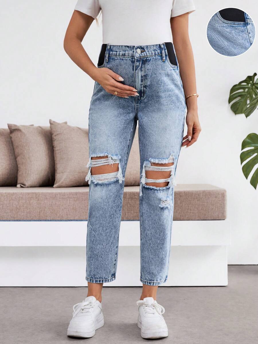 SHEIN Maternity Blue Ripped Tapered 7/8 Jeans, Summer Spring Beach Brunch Spring Break Concert Rave Festival Country Concert Ibiza Nashville Mom Jeans - Blue - View 1