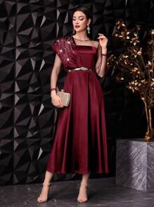 Modelyn Women's Shiny Rhinestone Mesh Splicing Satin Dress,Elegant Evening Party Maxi Dress - Burgundy - View 7