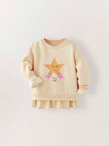 THE HAPPY LOOK Young Girls Cute Star Print Beige Drop Shoulder Sweatshirts With Ruffle Hem, Casual Everyday Whimsical Style - Beige - View 4