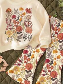 SHEIN Baby Girls Floral Print Sweatshirt And Bell Bottoms Casual Soft Knit Simple Pullover Two-Piece Outfit