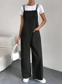 SHEIN PETITE 女士休闲连体裤，带可调节肩带，适合办公室、学校和所有季节 - 黑色 - 查看 6