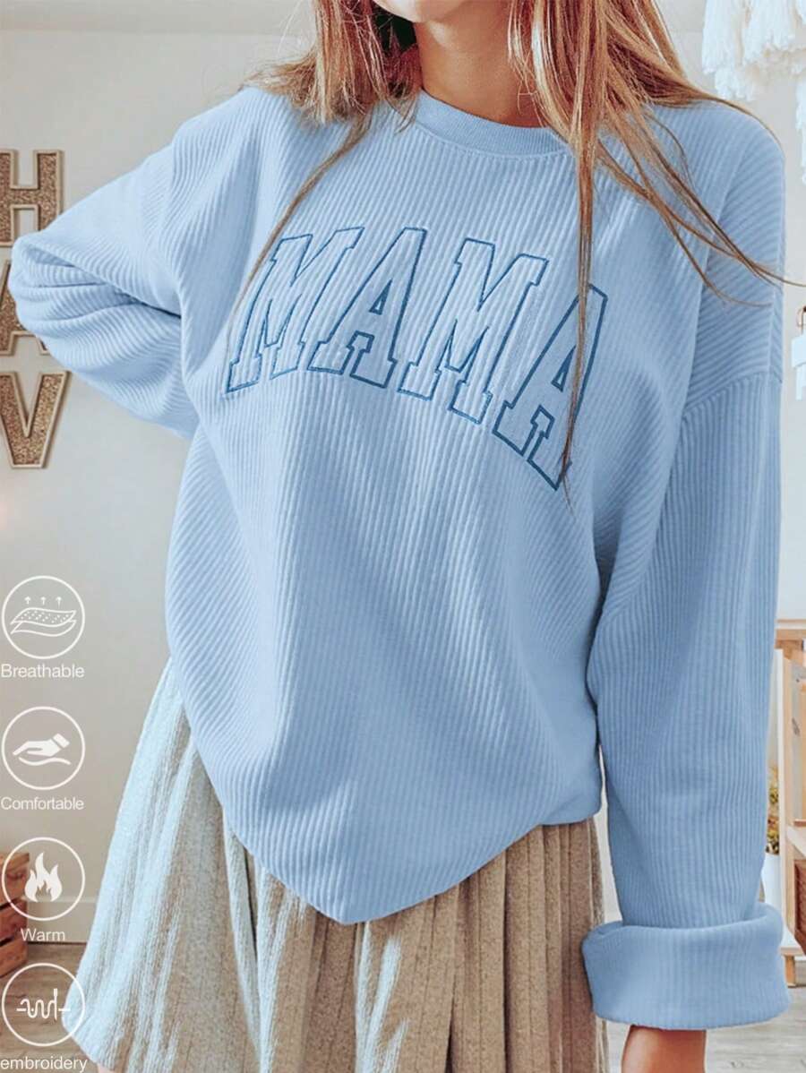 INAWLY 宽松女式“MAMA”刺绣卫衣,秋冬季,毕业季,教师节,返校季套头衫 - 淺藍色 - 查看 1