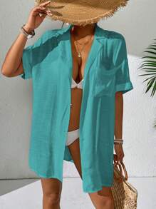 SHEIN Swim Summer 1pc Women Solid Color Simple Fashion Casual Daily Kimono Cover Up - Cadet Blue - View 1