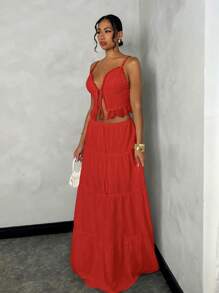 SHEIN BAE 女士夏季假期浪漫约会休闲蕾丝吊带背心上衣 + 低腰褶皱 A 字长裙套装，白色亚麻面料 - 紅色 - 查看 4