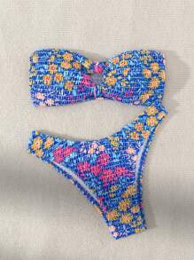 Swim Mod Women Bikini Swimwear Set, Random Print Strapless Push Up Bra With Bikini Bottom, Ideal For Summer, Beach And Swimming Pool,Summer Beach