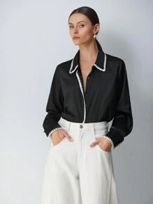 Aveloria Modichic High-End Commuter Minimalist Colorblock Shell Trim Satin Lapel Collar Long Sleeve Blouse For Women Fall Cloth For Women - Black - View 6