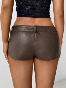 Aloruh 女士性感时尚复古花纹PU超低腰短裤迷你皮短裤棕色短裤棕色皮短裤 - 棕色 - 查看 4