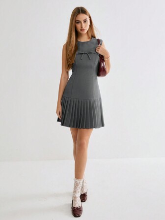 SHEIN X JIMENA & MATEO Enchnt Spring/Summer Romantic Women's Grey Bowknot Round Neck Sleeveless Pleated Hem Short Dress,Sweet&Elegant Outfit For Sweet Date Night &Wedding Guest Dress Women &Holiday & Graduation Dress&Daily Commuting&Vacation&Garden Parties & Concert Outfit Women