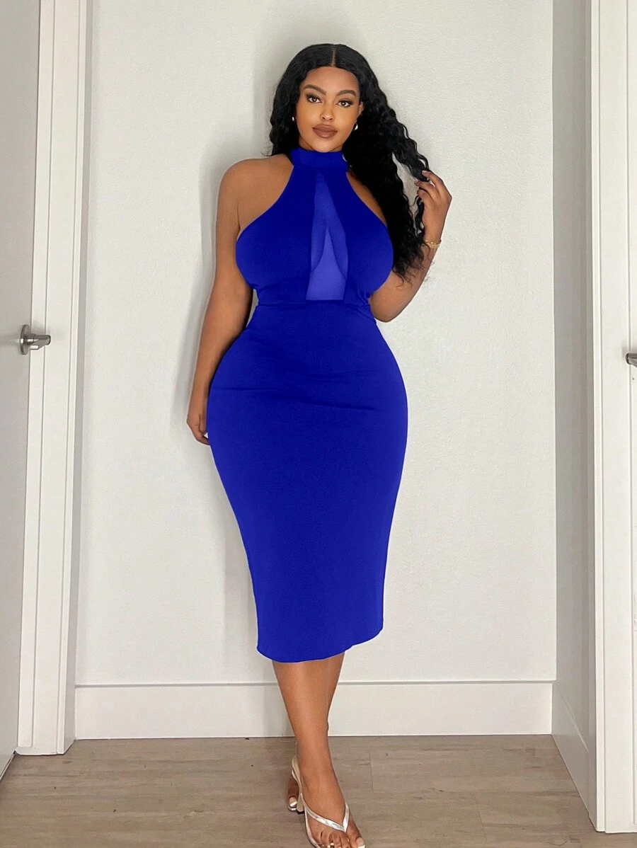 Maweii Plus Size Mesh Panel Stand Collar Sleeveless Simple Fitted Midi Dress - Royal Blue - View 1