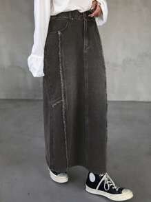 FRIFUL 女士前扣口袋简约直筒毛边牛仔半身裙 - 黑色 - 查看 3