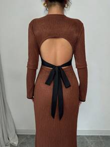 SHEIN Unity Women's Elegant Long Sleeve Dress,Black And White Open Back With Bowknot,Fishtail Hem Fitted Silhouette,Autumn Dinner Date Textured Jacquard Fabric - Coffee Brown - View 4