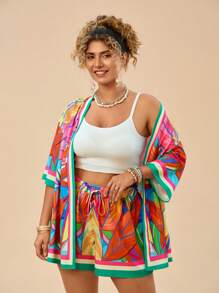 Travachic 加大码波西米亚风夏季彩色树叶印花和服衬衫和短裤两件套女士沙滩套装