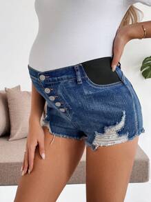 SHEIN Maternity Ripped Raw Hem Blue Washed Elastic Skinny Denim Shorts, Spring Summer - Blue - View 3
