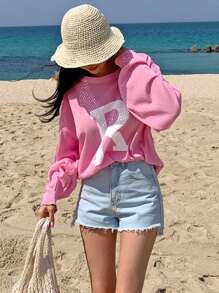 DAZY Women's Oversized Crew Neck Letter Print Dropped Shoulder Long Sleeve Casual Sweater,Fall Clothes - Pink - View 8