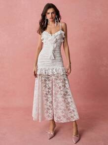 Enchnt 春夏浪漫女装白色蕾丝时尚立体花朵连衣裙，甜美优雅，适合情人节、节日、甜蜜约会、日常和度假