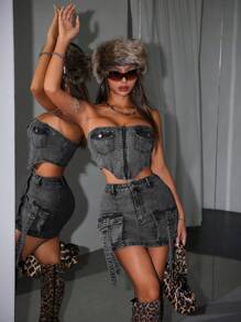 SHEIN ICON Top de tubo negro de mezclilla sexy para mujer, estilo Y2K para conciertos