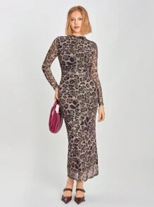 SHEIN EZwear 女式秋季豹纹侧开衩修身长裙