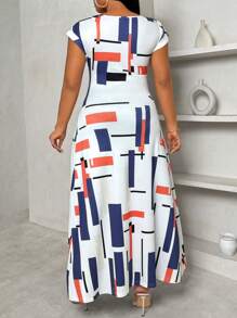 Maweii Áo thun nữ cổ chữ V họa tiết chắp vá hình học cỡ lớn, eo thắt chặt, viền xẻ, thường ngày mùa hè - Nhiều màu - Xem 2