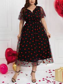 SHEIN Clasi Valentine's Day Women's Spring Dress, Red Heart Mesh Long Dress Plus Size, Elegant - Multicolor - View 5
