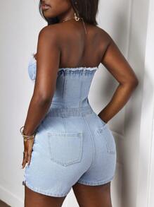 Slaydiva Women's Denim Button Up Cropped Cami Jumpsuit With Fringe Hem