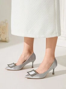 CUCCOO CHICEST Women's Fashion Elegant Silver Color Satin Rhinestone Buckle Pointed Toe Stiletto High Heels, Suitable For Wedding, Bridesmaid, Party, Banquet, Date, Christmas, New Year, Valentine's Day, Comfortable Shoes Valentines