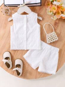 Conjunto de top sin mangas bordado + pantalones cortos bordados, estilo nuevo para niña bebé - Blanco - Ver 2