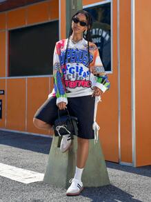 Slaydiva Women's V-Neck Long Sleeve Adjustable Hem American Style Printed Knitted Sweater, Autumn/Winter New