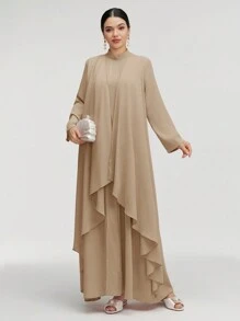 Graceveil Women Elegant Solid Color 2 In 1 Modest Long Sleeve Long Arabian Dress, Autumn - Apricot - View 1