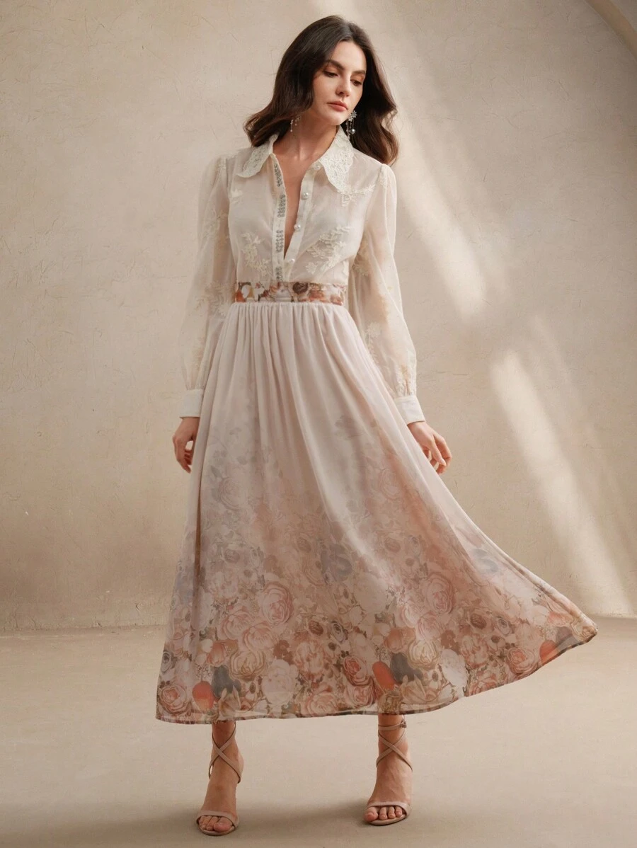 Anewsta 女装优雅轻奢高级雪纺定位印花花裙