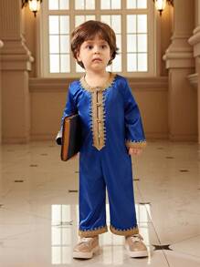 SHEIN Macacão de Manga Longa para Bebês Meninos com Design Exclusivo de Babados, Azul Marinho, Adequado para Uso Diário, Casa, Férias, Passeios, Reuniões Diárias, Primavera/Verão - Azul Royal - Visão 1