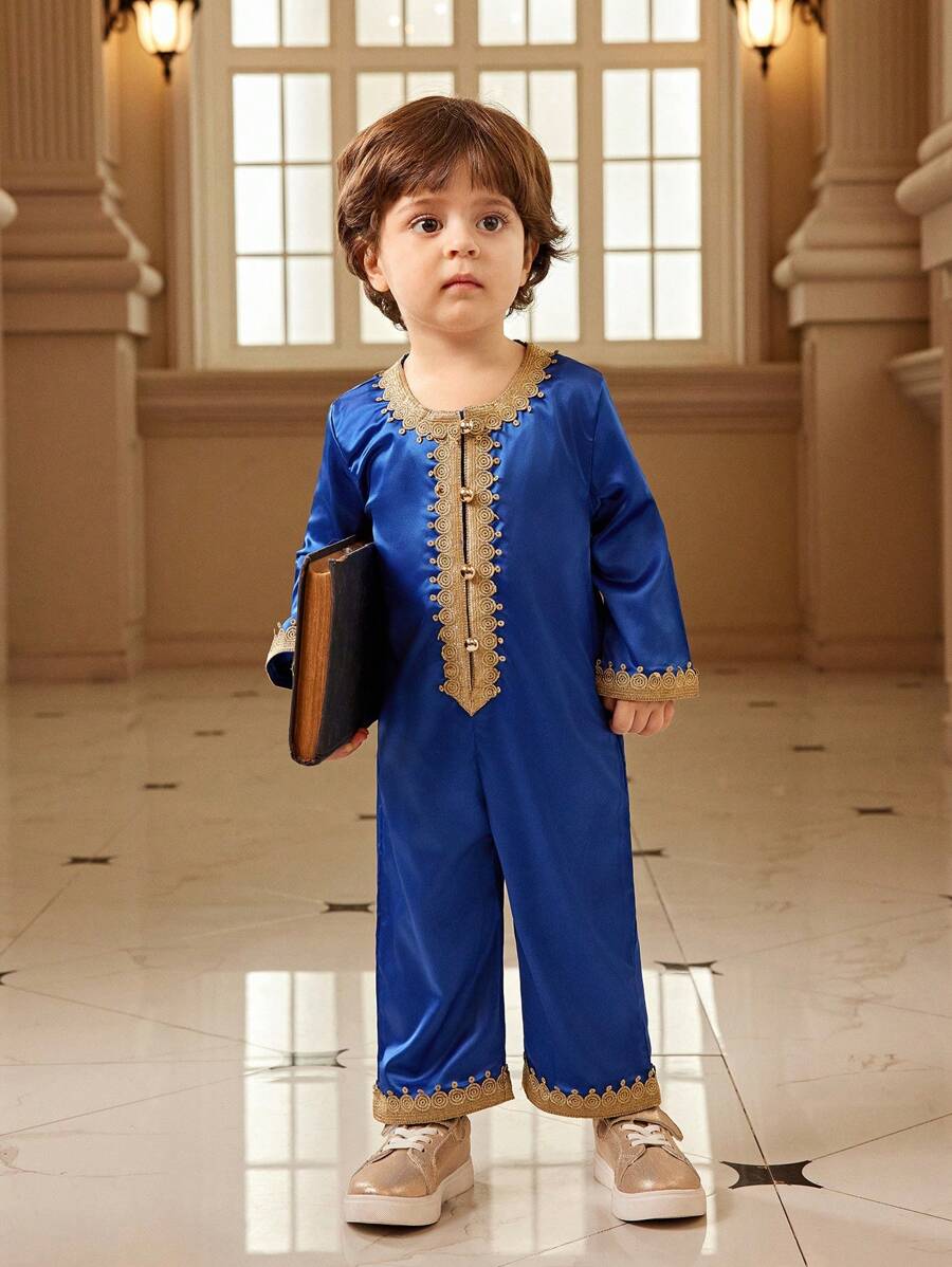SHEIN Macacão de Manga Longa para Bebês Meninos com Design Exclusivo de Babados, Azul Marinho, Adequado para Uso Diário, Casa, Férias, Passeios, Reuniões Diárias, Primavera/Verão - Azul Royal - Visão 1