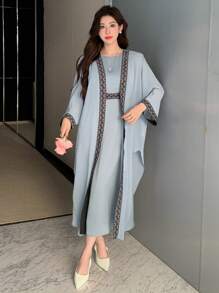 DAZY 2pcs/Set Women's Print Satin Kimono Robe Sets, Spring & Summer - Blue - View 7