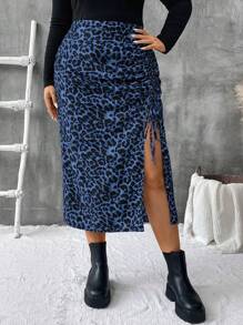 SHEIN VCAY Plus Size Leopard Print Split Hem Casual Skirt - Blue - View 4