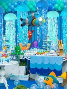 SHEIN 3 piezas de linternas de papel con forma de medusa colgantes de color azul, linternas de papel de colores degradados para fiesta con tema de sirena, decoraciones de cumpleaños de océano submarino, guirnalda para ducha de sirena, decoraciones de fiesta, cintas colgantes azules coloridas para cumpleaños, bautizo, boda, decoraciones de pared, adornos