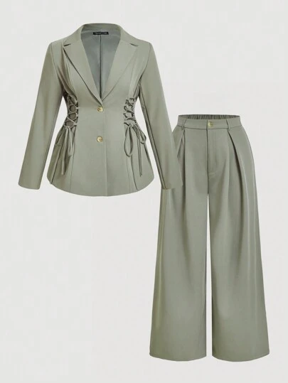 SHEIN MOD 秋冬大码复古系带装饰西装套装