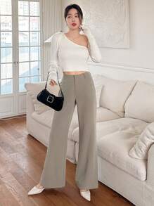 DAZY Pantalones elegantes para primavera y verano de unicolor con diseño de bolsillos y bajo acampanado para mujer