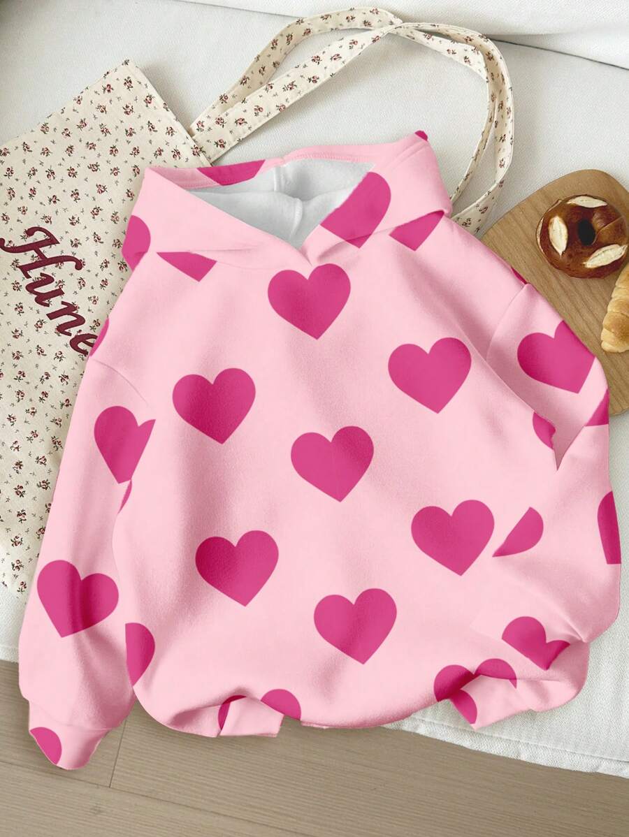 SHEIN Leap Crew Tween 女童休闲宽松心形印花长袖连帽运动衫