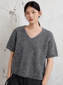 Dazy-Less Women's Relaxed V-Neck Plain Color Short Sleeve Knit Sweater - Grey - View 4