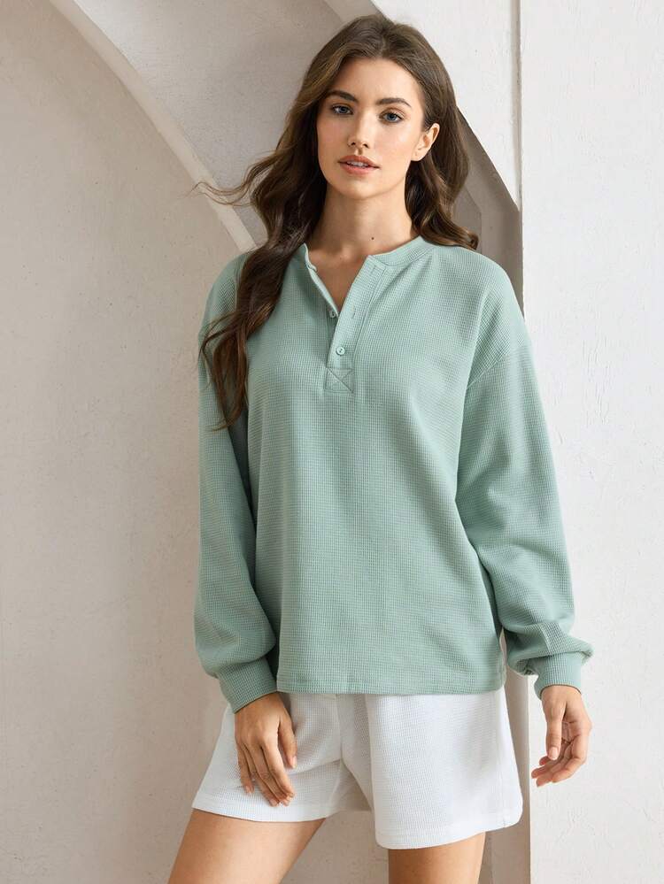 Ocili 女士纯色前扣长袖休闲家居服上衣 - 綠色 - 查看 3