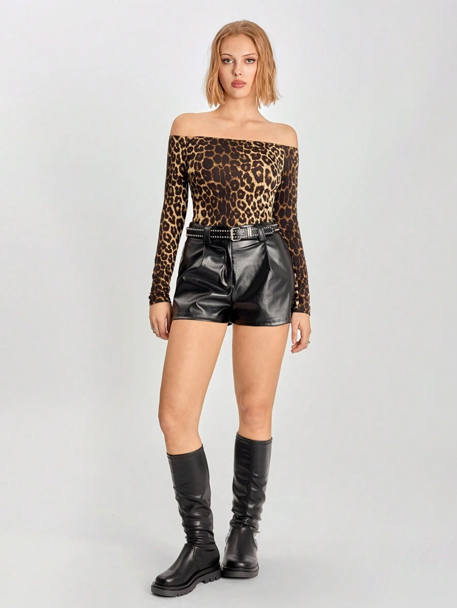 SHEIN EZwear Women's Leopard Print Off-Shoulder Long Sleeve Bodysuit, Fitted - Multicolor - View 1