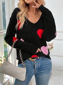 SHEIN LUNE 2025 Spring New Valentine's Day Heart Pattern V-Neck Sweater For Women Heart Sweater Valentine's Day Heart Sweater In Fall/Winter - Red - View 4