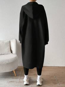 SHEIN EZwear 女士中长款保暖内衬连帽夹克，全新秋冬系列 - 黑色 - 查看 2